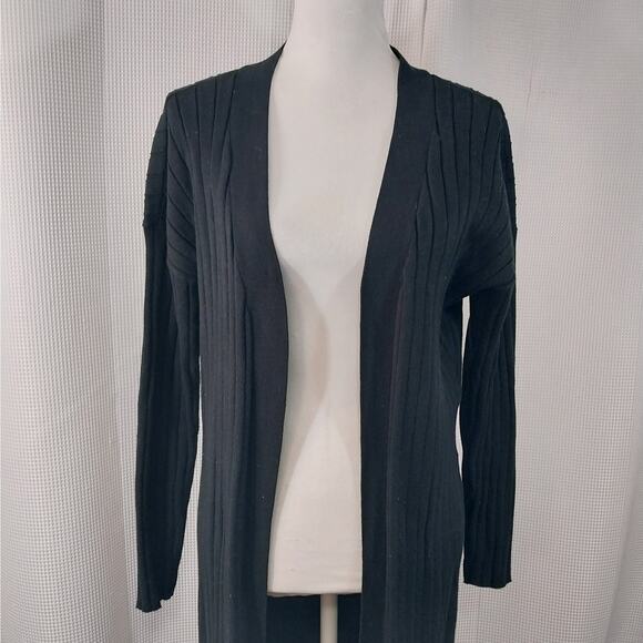 JUSTFAB! ULTRA BLACK RIBBED DUSTER LENGTH CARDIGAN, LONG SLEEVE SWEATER! SZ S - Picture 4 of 13